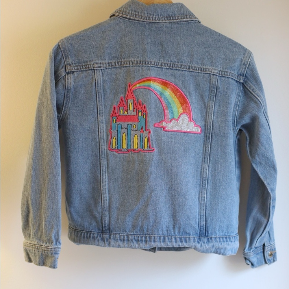 Disney‎ Princess Denim Jacket Girls 9/10 Castle Rainbow Embroidered EUC